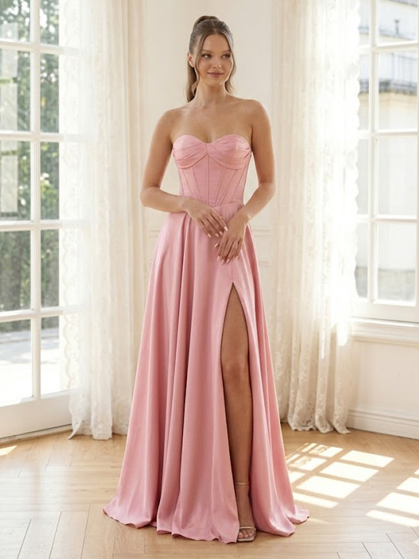 Satin A Line Strapless Long Formal Dresses with Slit