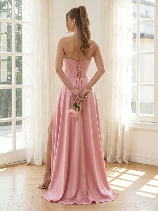 Satin A Line Strapless Long Formal Dresses with Slit
