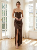 Satin Memaid Strapless Sleeveless Pleated Long Formal Dresses