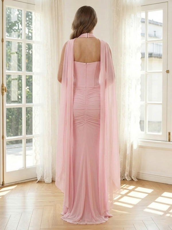 Tulle Mermaid Sleeveless Long Formal Dresses with Scarf