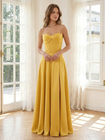 Satin A Line Strapless Long Formal Dresses with Pleats