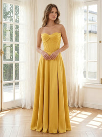 Satin A Line Strapless Long Formal Dresses with Pleats