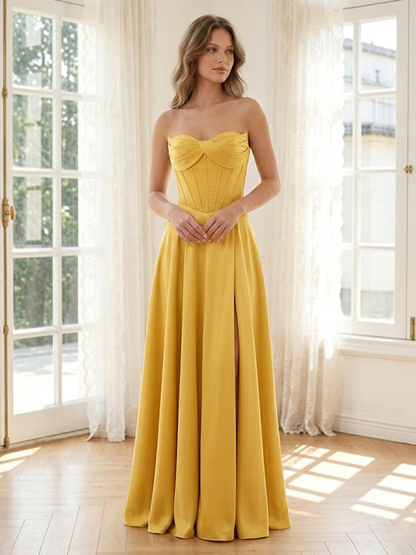 Satin A Line Strapless Long Formal Dresses with Pleats