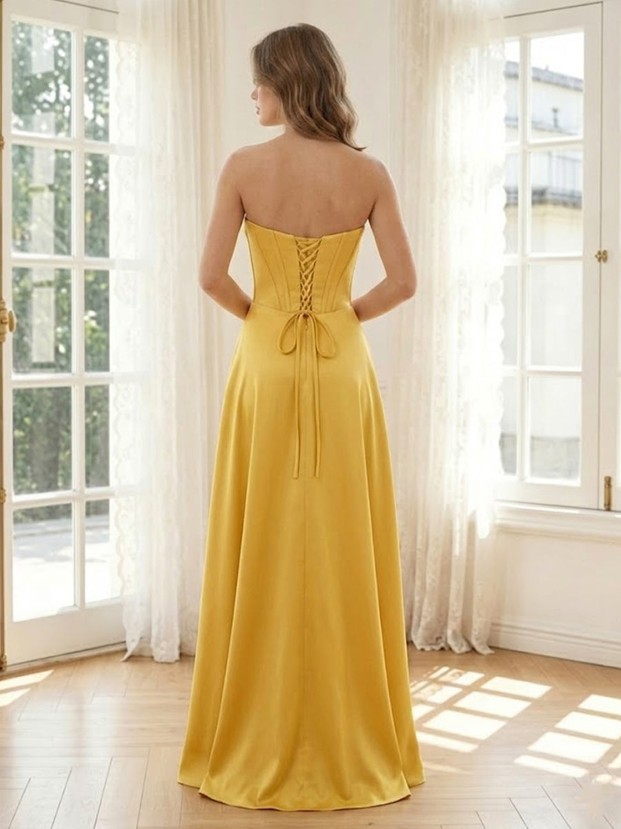 Satin A Line Strapless Long Formal Dresses with Pleats