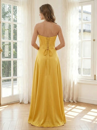 Satin A Line Strapless Long Formal Dresses with Pleats