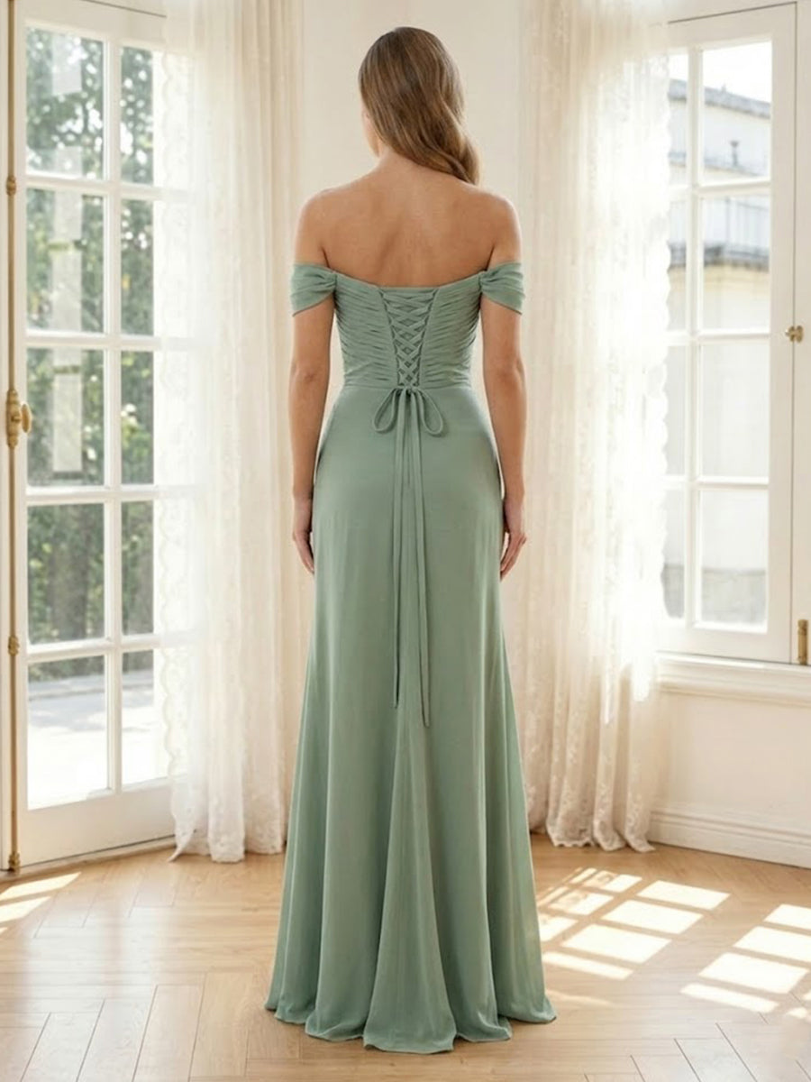 Chiffon Memaid Off Shoulder Long Formal Dresses with Slit