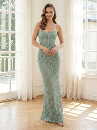 Lace Appliques Mermaid Strapless Long Formal Dresses