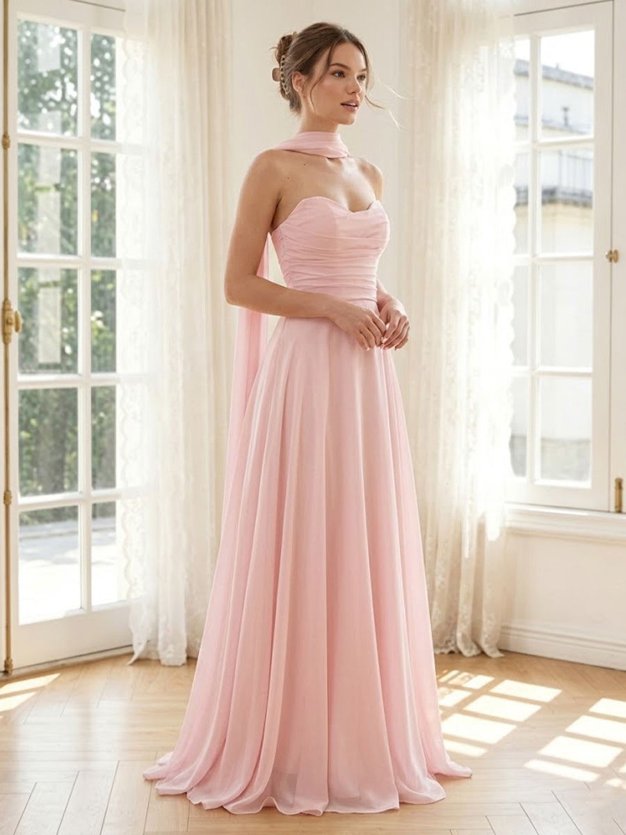 Chiffon A Line Sweetheart Sleeveless Long Formal Dresses with Scarf