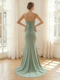 Satin Mermaid Strapless Long Formal Dresses with Slit