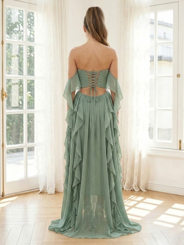 Chiffon A Line Sweetheart Ruffles Long Formal Dresses