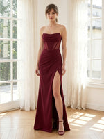 Satin Memaid Strapless Corset Long Formal Dresses with Slit