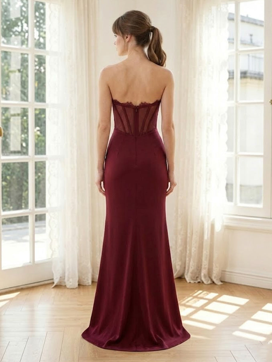Satin Memaid Strapless Corset Long Formal Dresses with Slit