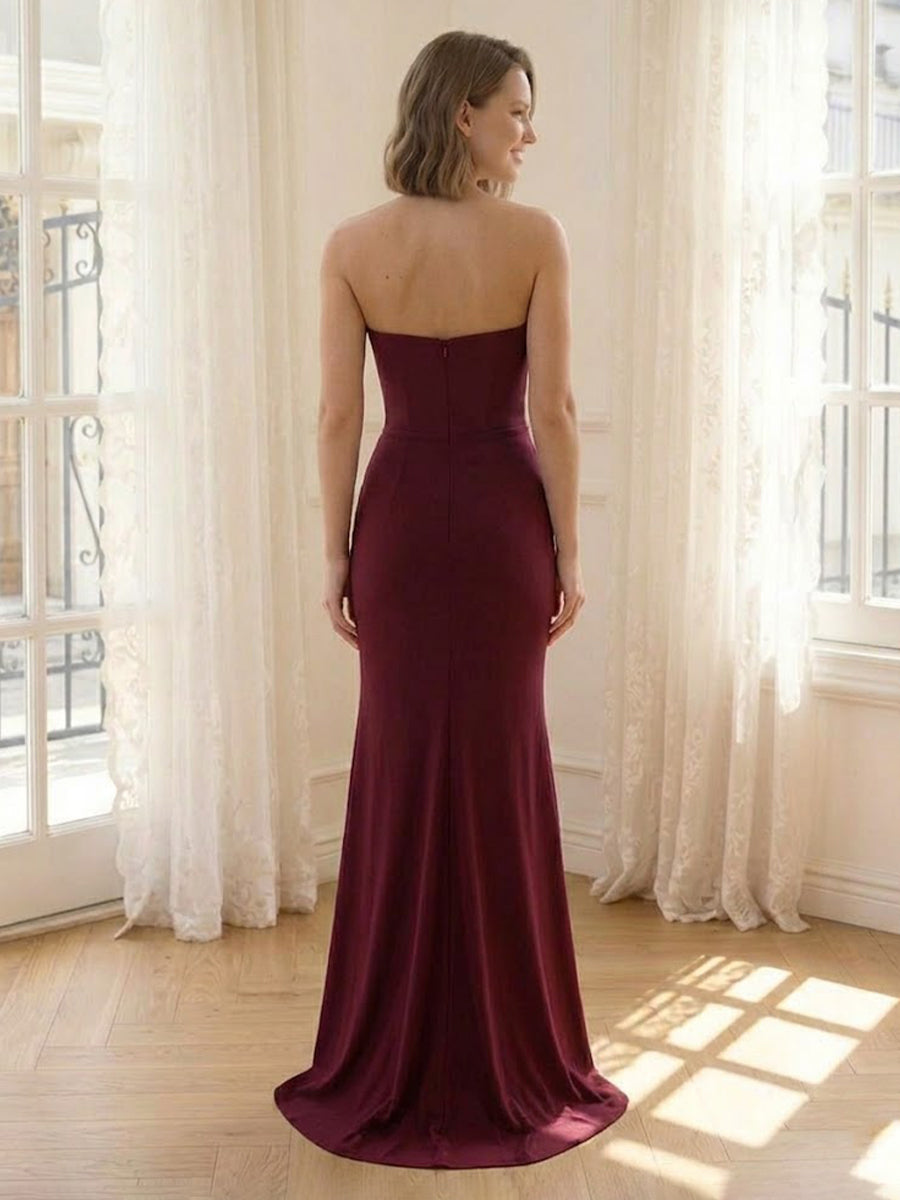Satin Mermaid Strapless Corset Long Formal Dresses with Slit