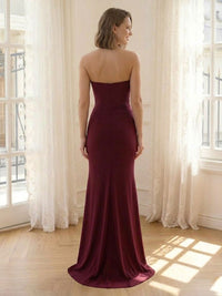 Satin Mermaid Strapless Corset Long Formal Dresses with Slit