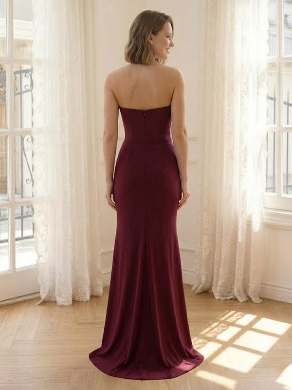 Satin Mermaid Strapless Corset Long Formal Dresses with Slit