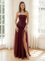 Tulle A Line Strapless Long Formal Dresses with Satin