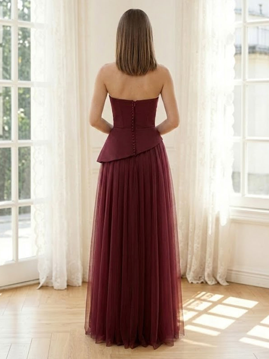 Tulle A Line Strapless Long Formal Dresses with Satin