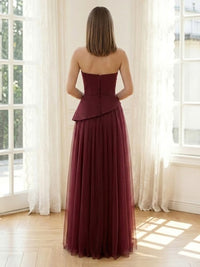 Tulle A Line Strapless Long Formal Dresses with Satin