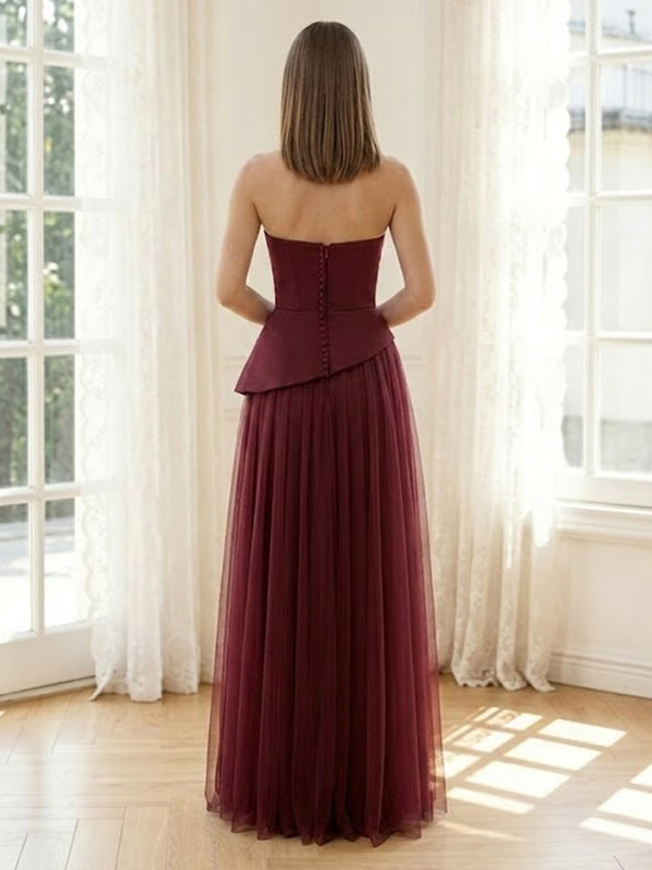 Tulle A Line Strapless Long Formal Dresses with Satin