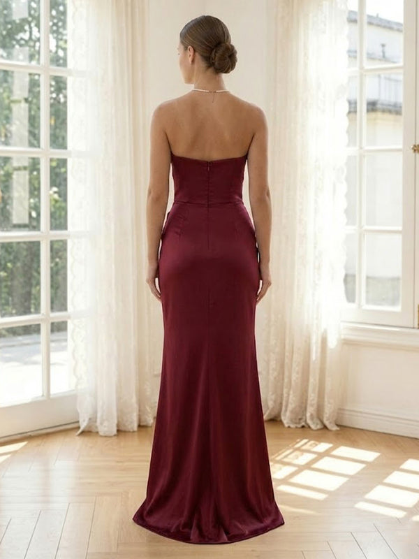 Satin Mermaid Strapless Long Formal Dresses with Slit
