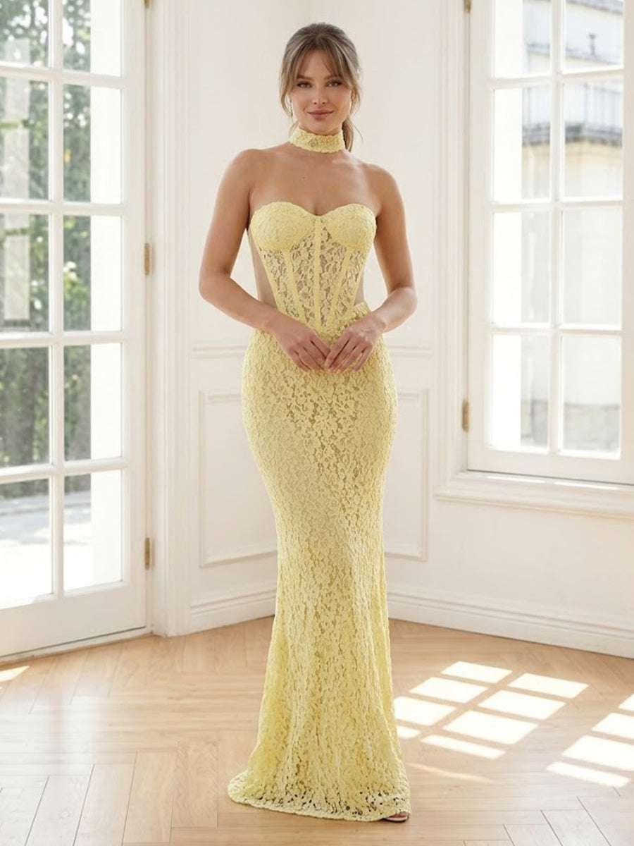 Lace Appliques Mermaid Strapless Corset Long Formal Dresses