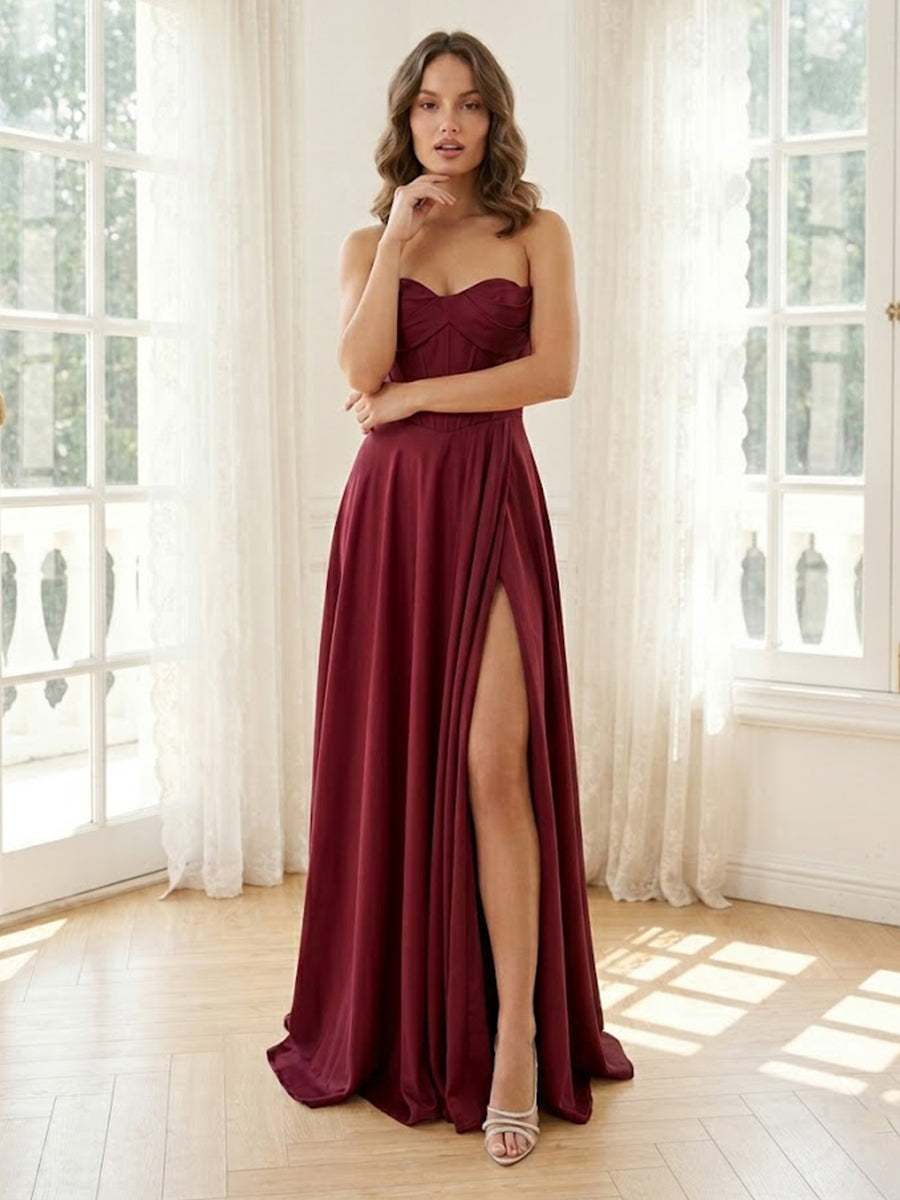 Satin A Line Strapless Sleeveless Long Formal Dresses with Slit
