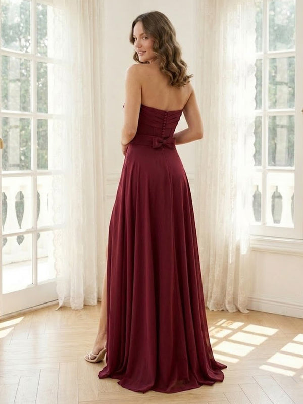 Satin A Line Strapless Sleeveless Long Formal Dresses with Slit