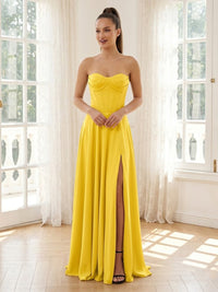 Satin A Line Strapless Sleeveless Long Formal Dresses with Slit