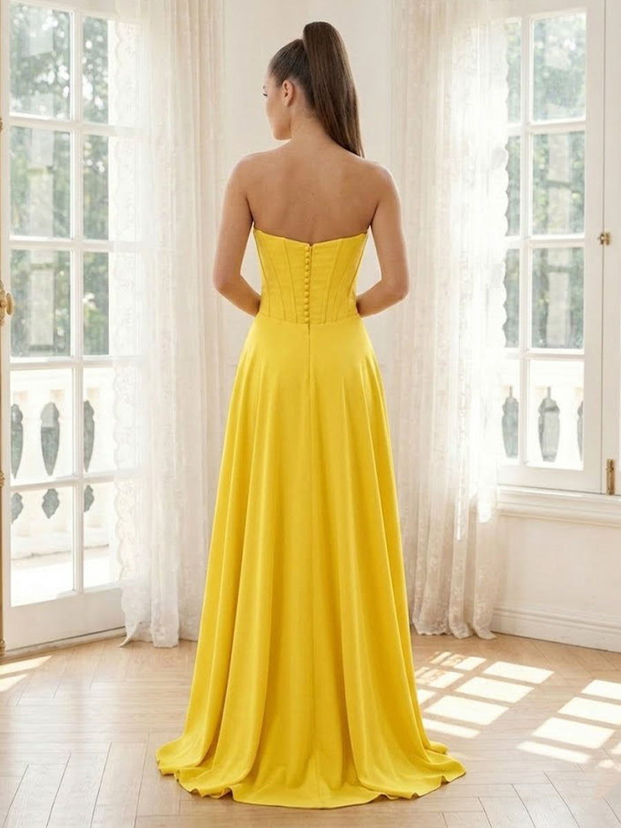 Satin A Line Strapless Sleeveless Long Formal Dresses with Slit