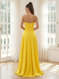 Satin A Line Strapless Sleeveless Long Formal Dresses with Slit