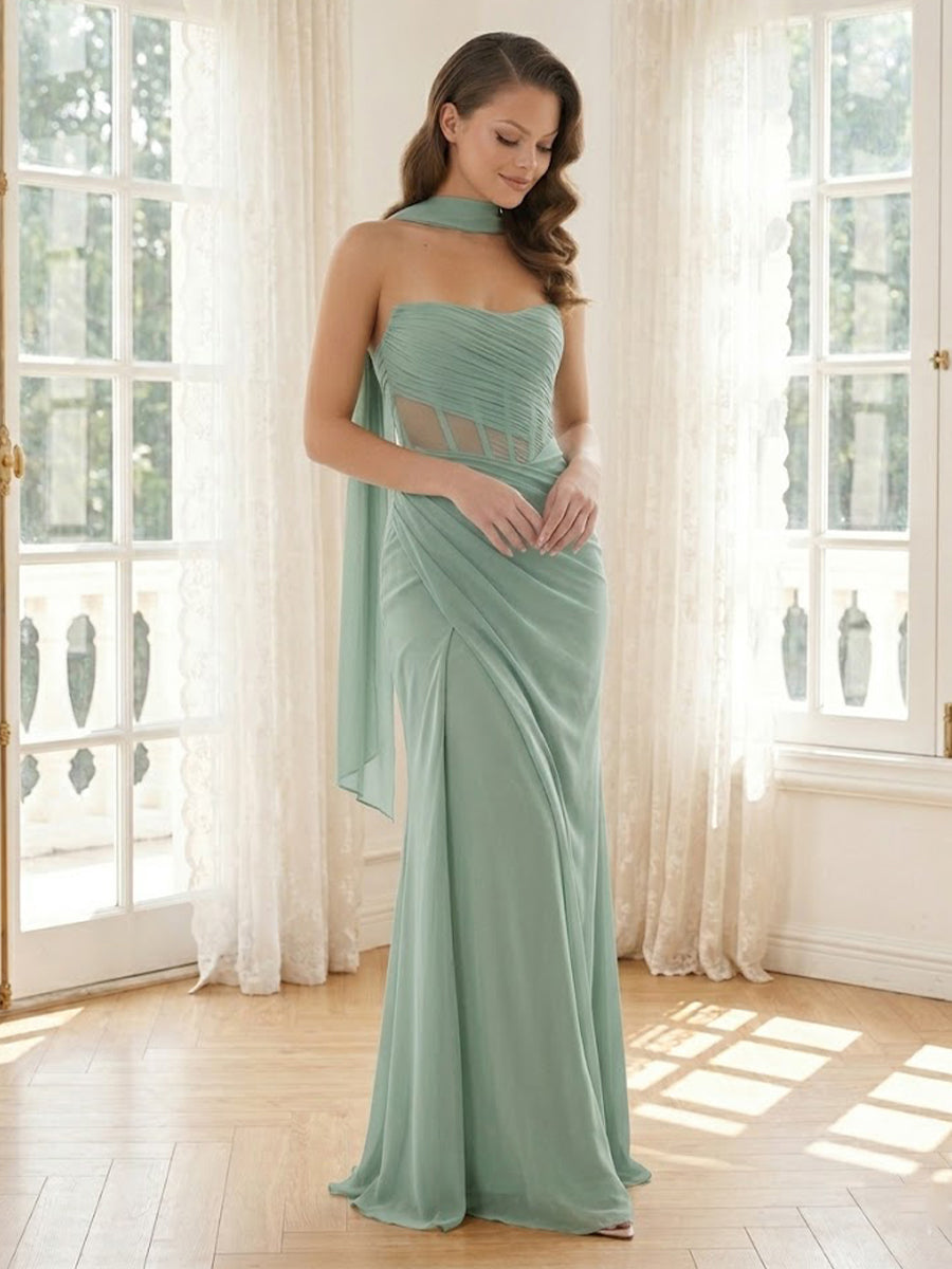 Satin Mermaid Strapless Long Formal Dresses with Scarf