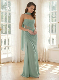 Satin Mermaid Strapless Long Formal Dresses with Scarf