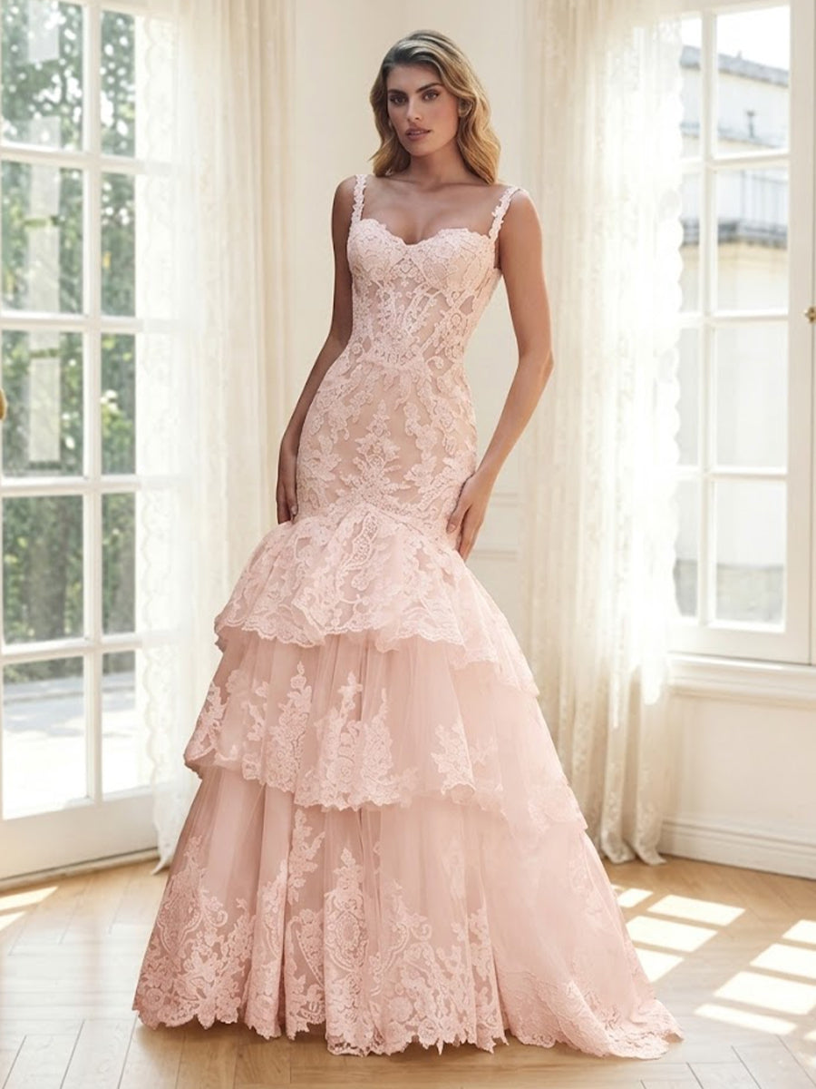 Lace Appliques Mermaid Spaghetti Straps Long Formal Dresses with Tiered
