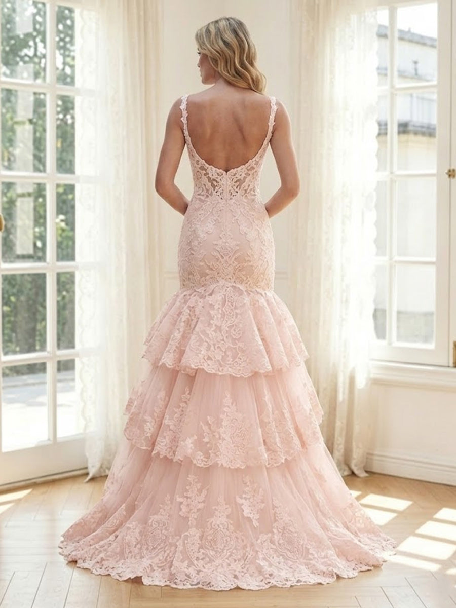 Lace Appliques Mermaid Spaghetti Straps Long Formal Dresses with Tiered