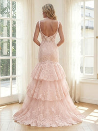 Lace Appliques Mermaid Spaghetti Straps Long Formal Dresses with Tiered