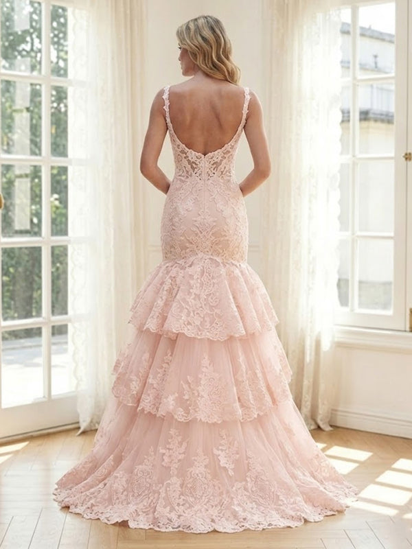 Lace Appliques Mermaid Spaghetti Straps Long Formal Dresses with Tiered