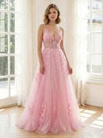 Tulle A Line V Neck Spaghetti Straps Long Prom Dresses with Corset