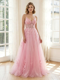 Tulle A Line V Neck Spaghetti Straps Long Formal Dresses with Corset
