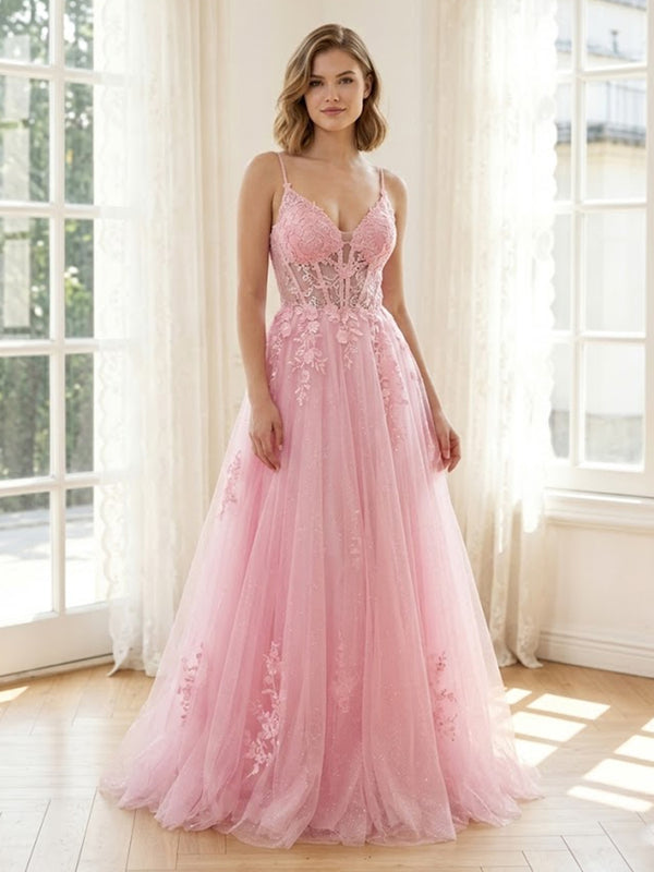 Tulle A Line V Neck Spaghetti Straps Long Formal Dresses with Corset