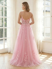 Tulle A Line V Neck Spaghetti Straps Long Formal Dresses with Corset
