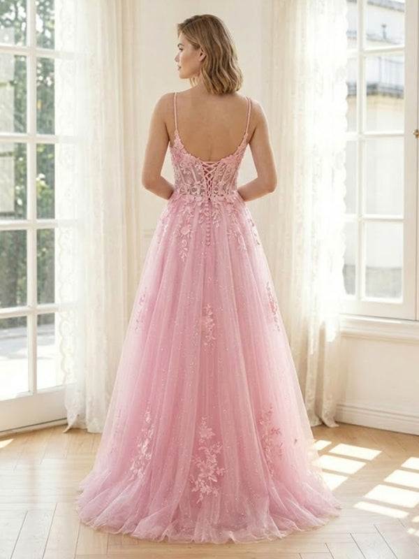Tulle A Line V Neck Spaghetti Straps Long Formal Dresses with Corset