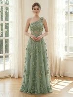 Tulle A Line One Shoulder Long Formal Dresses with Lace Appliques