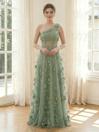 Tulle A Line One Shoulder Long Formal Dresses with Lace Appliques