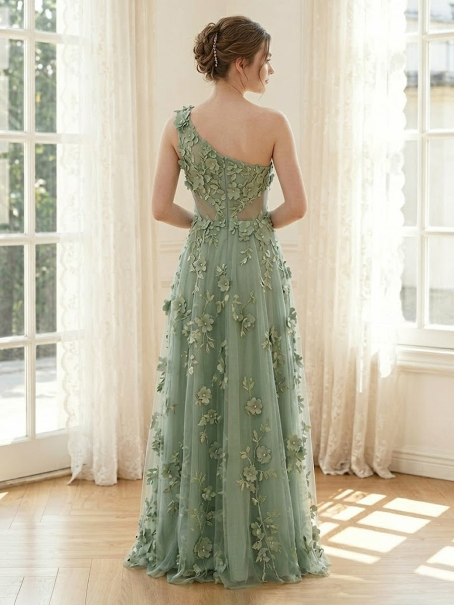 Tulle A Line One Shoulder Long Formal Dresses with Lace Appliques