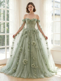 Tulle A Line Off Shoulder Long Formal Dresses with 3D Flowers