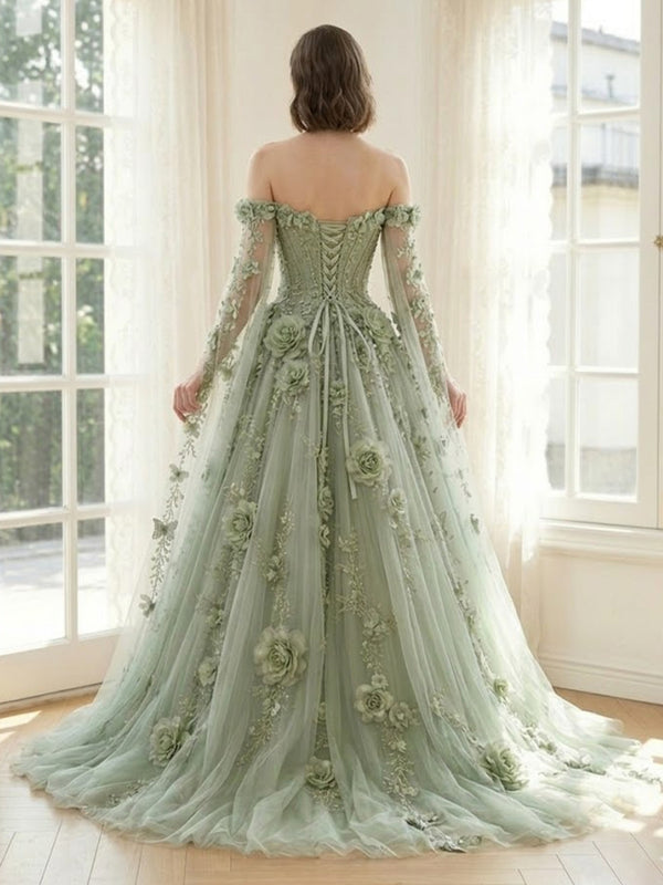 Tulle A Line Off Shoulder Long Formal Dresses with 3D Flowers
