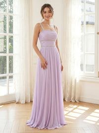 Chiffon A Line Square Neck Spaghetti Straps Long Formal Dresses with Beads