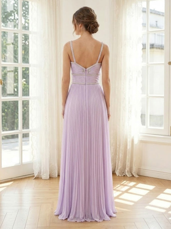 Chiffon A Line Square Neck Spaghetti Straps Long Formal Dresses with Beads