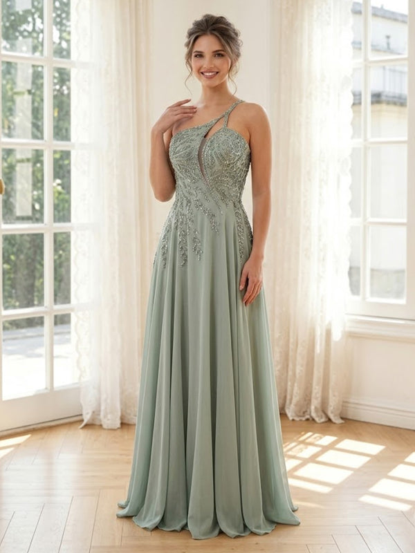 Chiffon A Line One Shoulder Long Formal Dresses with Beading