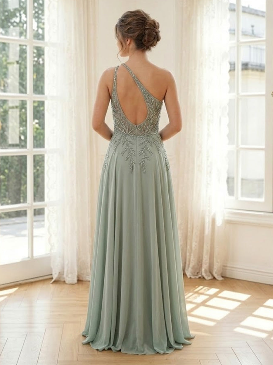 Chiffon A Line One Shoulder Long Formal Dresses with Beading